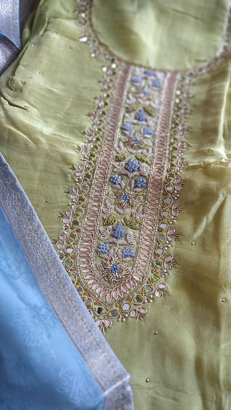 Stylish Pastel Green Georgette Unstitched Suit with Handwork | Shop Now