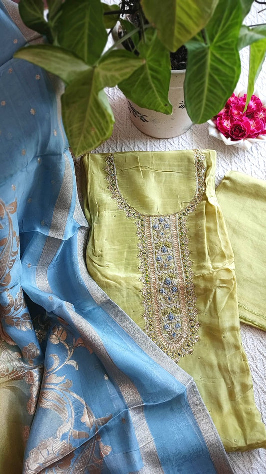 Stylish Pastel Green Georgette Unstitched Suit with Handwork | Shop Now