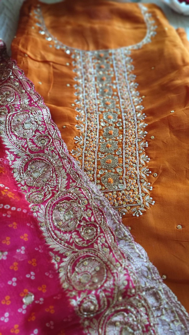 Orange Crepe Kurta Set with Handwork, Shantoon Bottom & Bandhej Dupatta