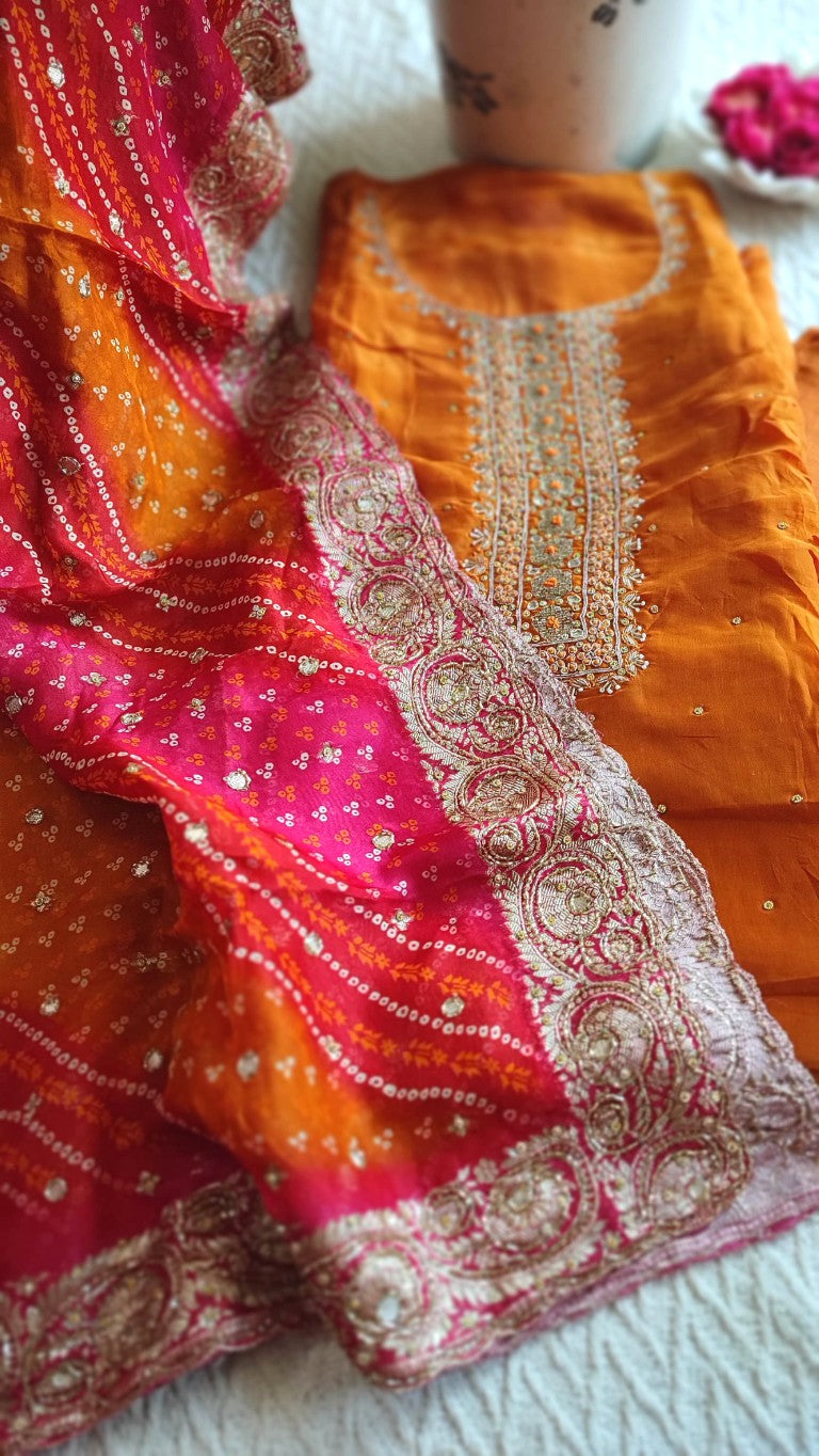 Orange Crepe Kurta Set with Handwork, Shantoon Bottom & Bandhej Dupatta