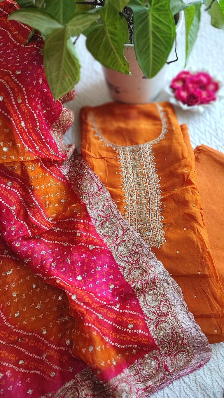 Orange Crepe Kurta Set with Handwork, Shantoon Bottom & Bandhej Dupatta