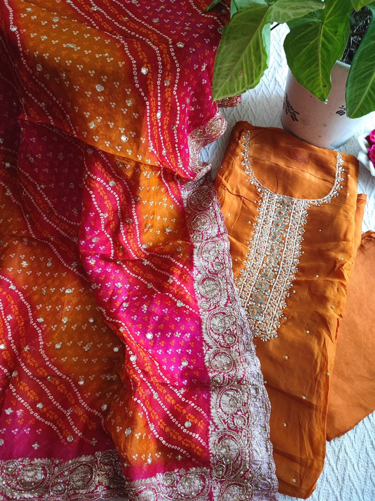 Orange Crepe Kurta Set with Handwork, Shantoon Bottom & Bandhej Dupatta