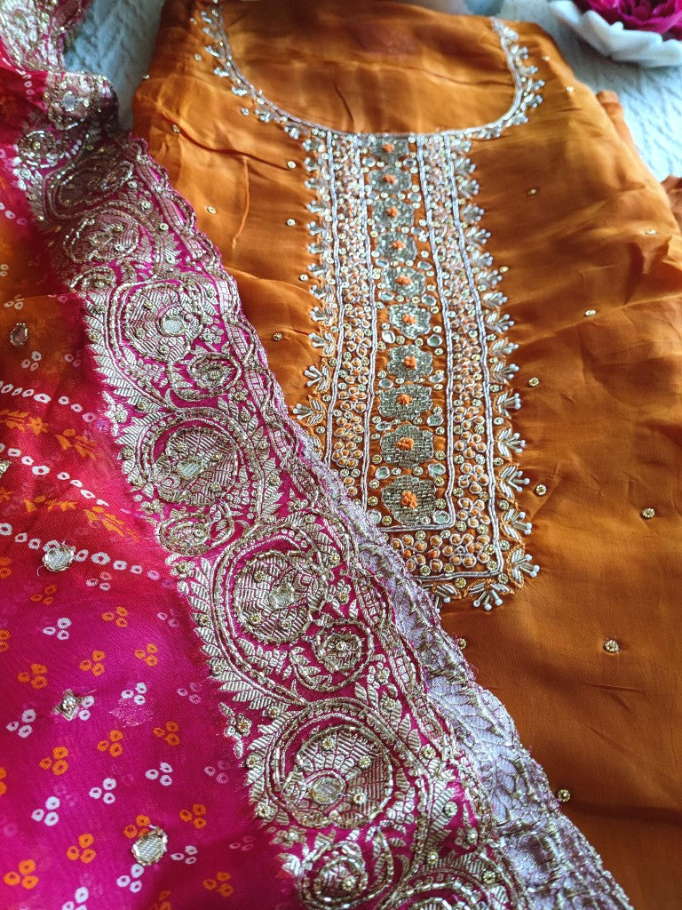Orange Crepe Kurta Set with Handwork, Shantoon Bottom & Bandhej Dupatta