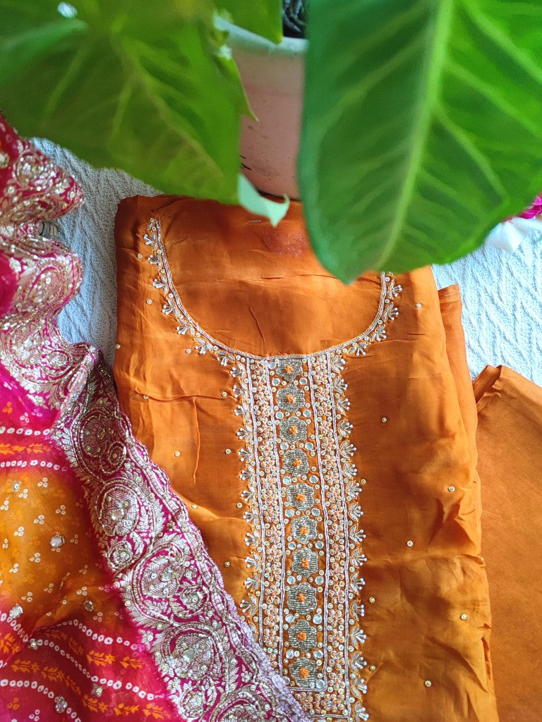 Orange Crepe Kurta Set with Handwork, Shantoon Bottom & Bandhej Dupatta