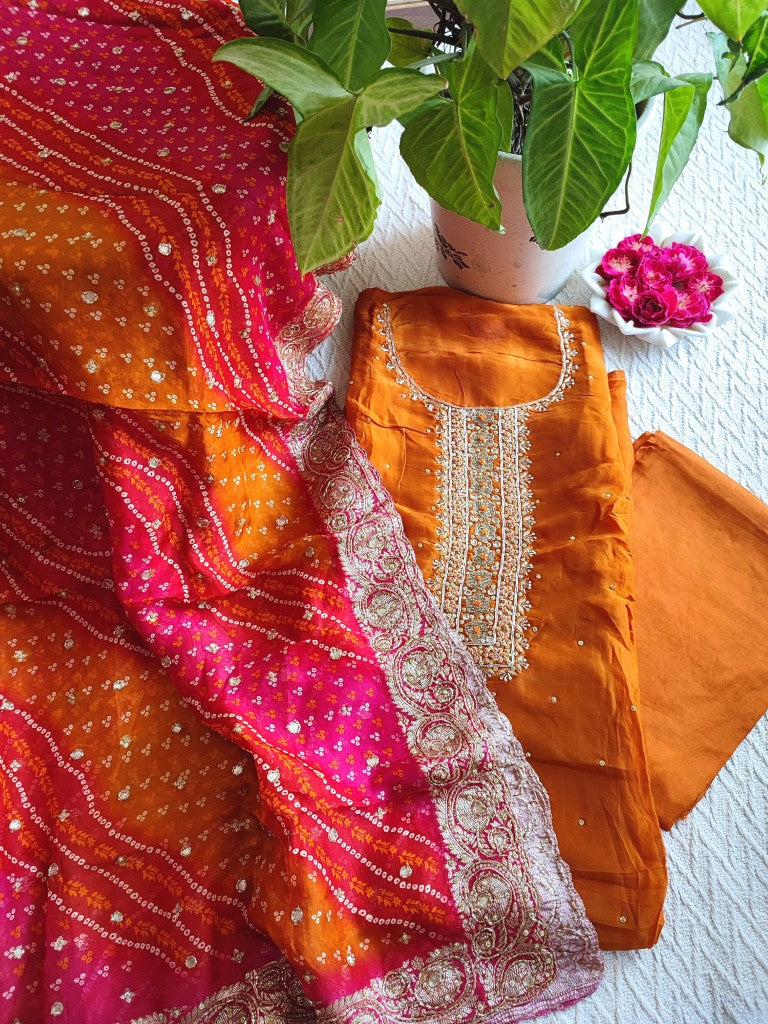Orange Crepe Kurta Set with Handwork, Shantoon Bottom & Bandhej Dupatta