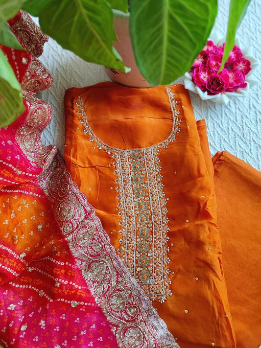Orange Crepe Kurta Set with Handwork, Shantoon Bottom & Bandhej Dupatta