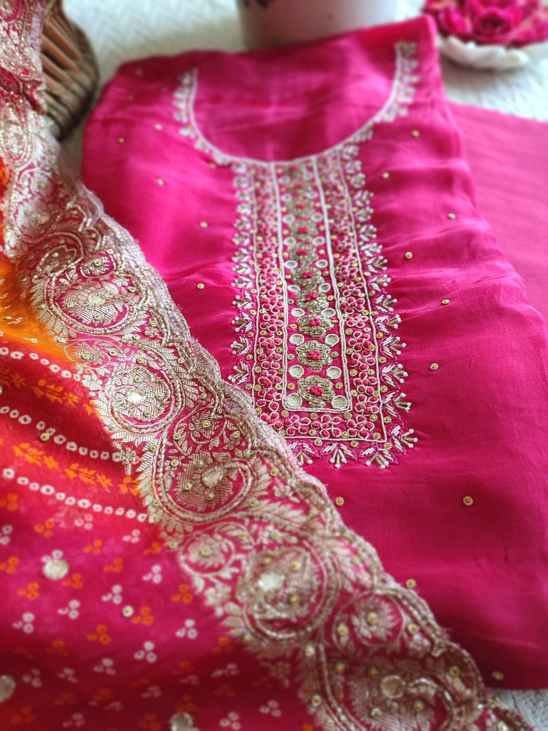 Pink Crepe Kurta Set with Handwork Neckline, Shantoon Bottom & Bandhej Dupatta