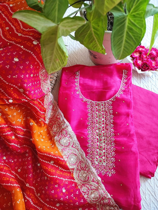 Pink Crepe Kurta Set with Handwork Neckline, Shantoon Bottom & Bandhej Dupatta