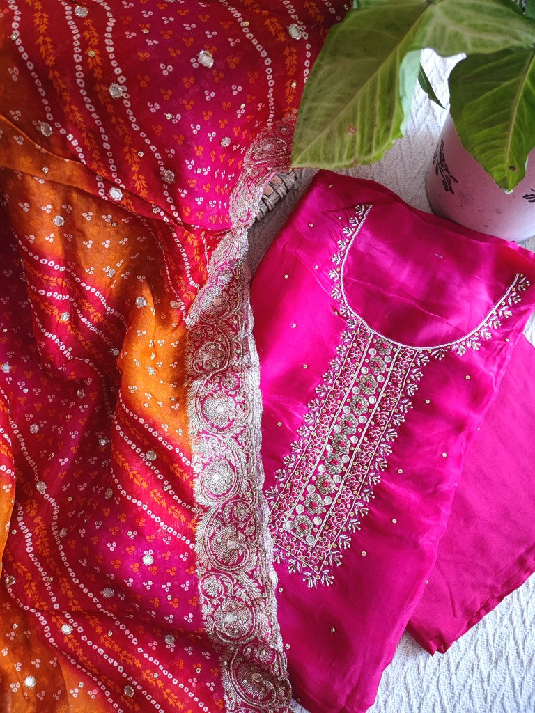 Pink Crepe Kurta Set with Handwork Neckline, Shantoon Bottom & Bandhej Dupatta
