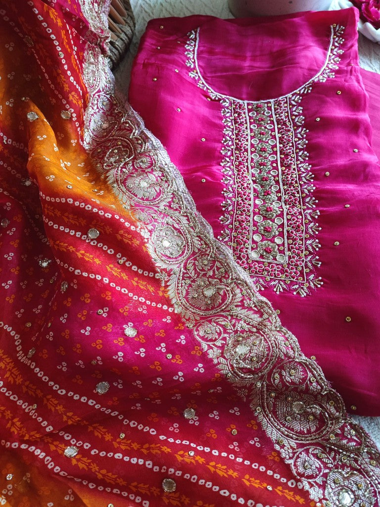 Pink Crepe Kurta Set with Handwork Neckline, Shantoon Bottom & Bandhej Dupatta