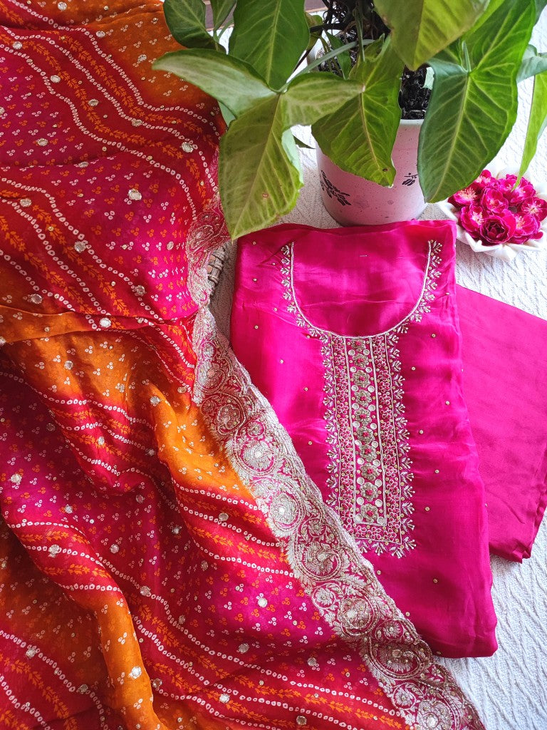 Pink Crepe Kurta Set with Handwork Neckline, Shantoon Bottom & Bandhej Dupatta