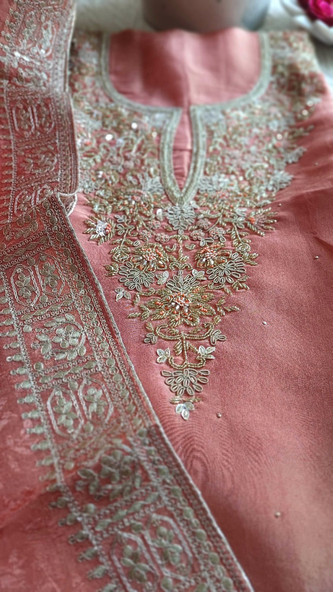 Elegant Peach Georgette Shimmer Suit with Handwork & Dupatta – Party & Festive Wear