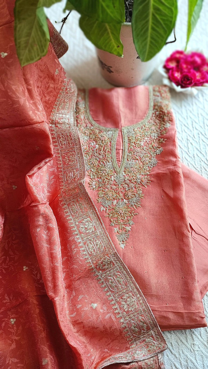 Buy Now Peach Georgette Shimmer Suit Material with Handwork – Festive Wear