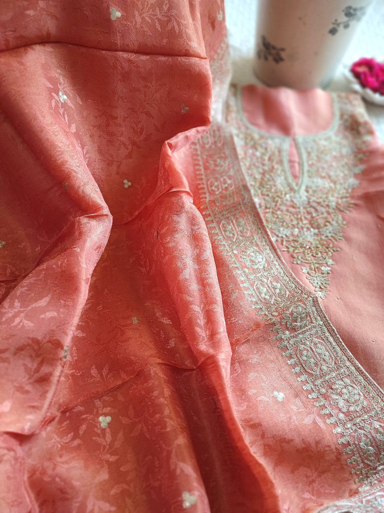 Elegant Peach Georgette Shimmer Suit with Handwork & Dupatta – Party & Festive Wear