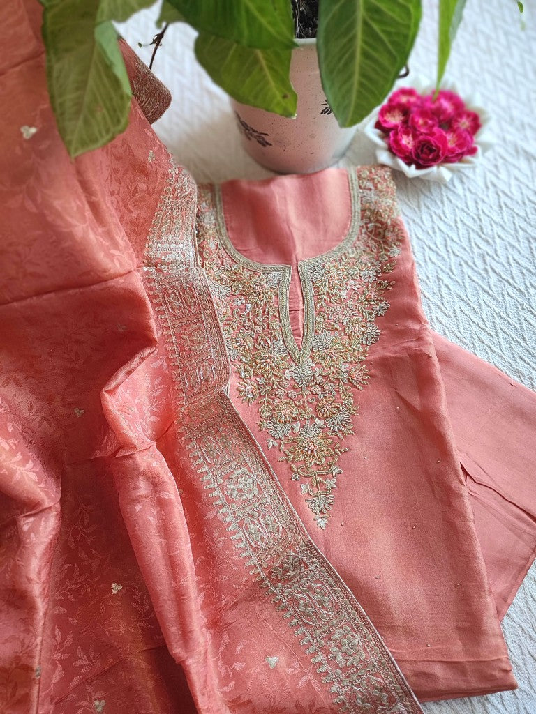 Elegant Peach Georgette Shimmer Suit with Handwork & Dupatta – Party & Festive Wear