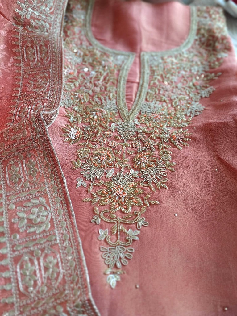 Elegant Peach Georgette Shimmer Suit with Handwork & Dupatta – Party & Festive Wear