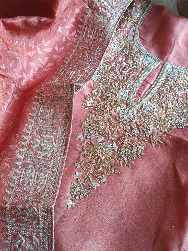 Elegant Peach Georgette Shimmer Suit with Handwork & Dupatta – Party & Festive Wear