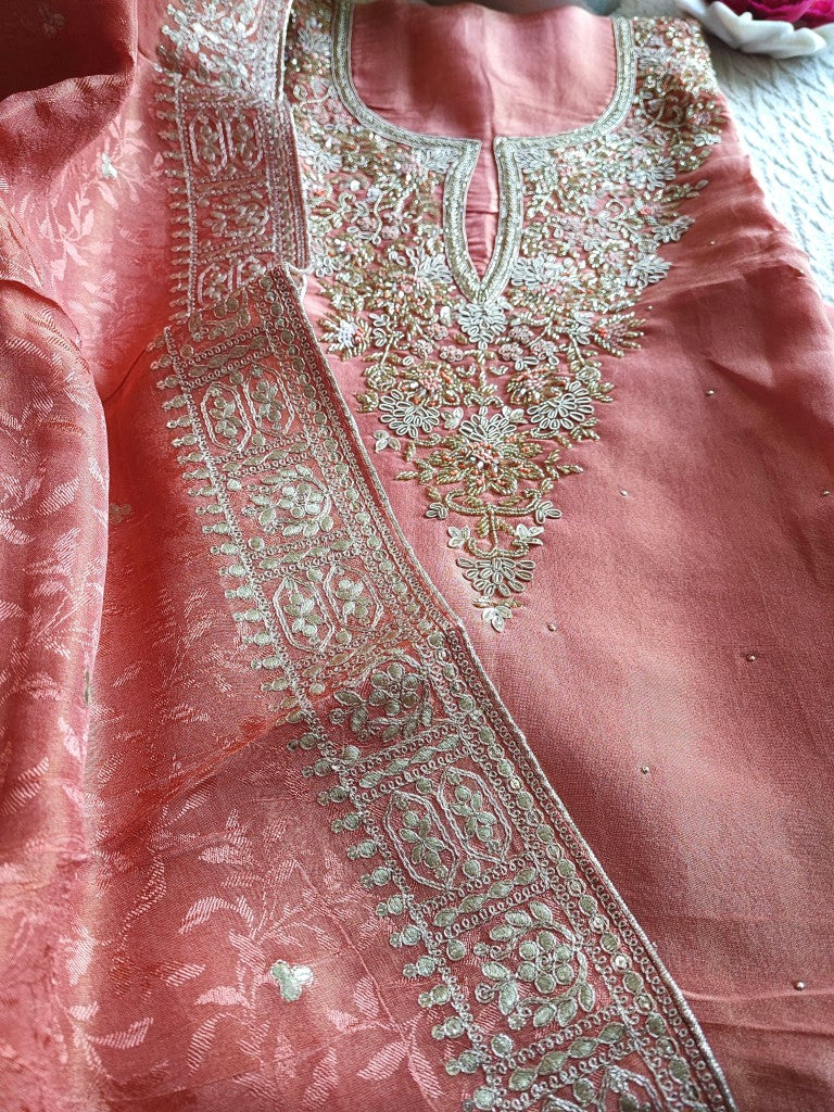 Elegant Peach Georgette Shimmer Suit with Handwork & Dupatta – Party & Festive Wear