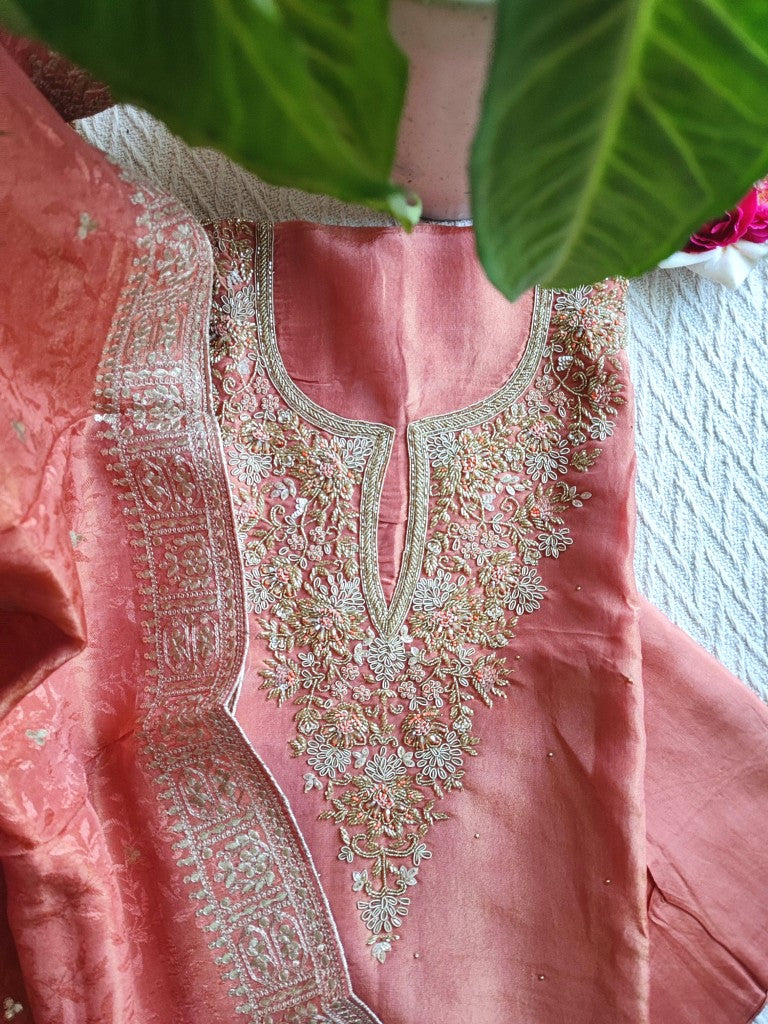 Buy Now Peach Georgette Shimmer Suit Material with Handwork – Festive Wear