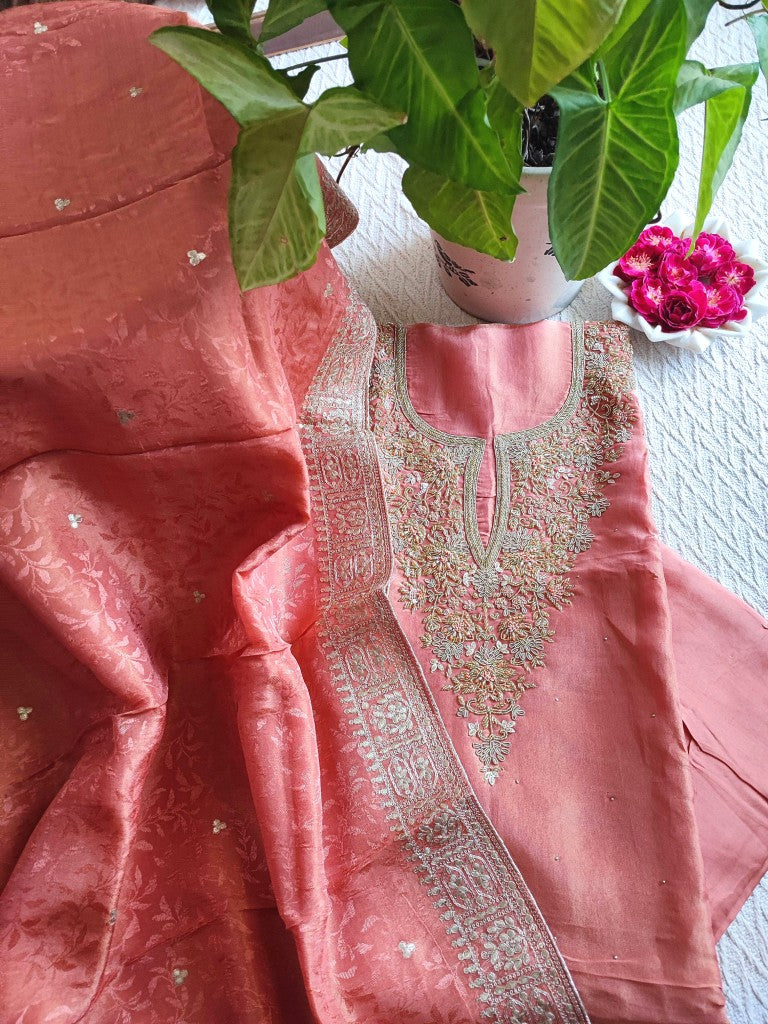 Buy Now Peach Georgette Shimmer Suit Material with Handwork – Festive Wear