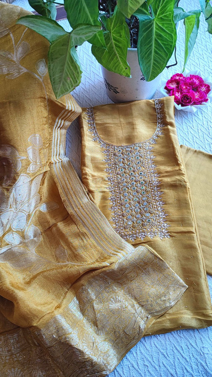 Buy Elegant Mustard Georgette Shimmer Suit Material with Handwork – Partywear