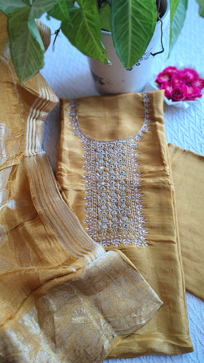 Mustard Georgette Shimmer Suit with Handwork & Dupatta – Perfect Partywear