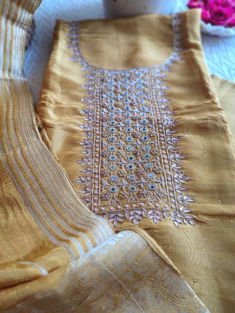 Mustard Georgette Shimmer Suit with Handwork & Dupatta – Perfect Partywear