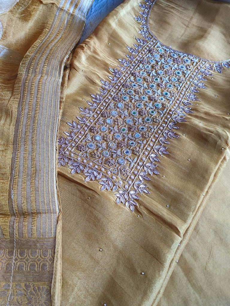 Mustard Georgette Shimmer Suit with Handwork & Dupatta – Perfect Partywear