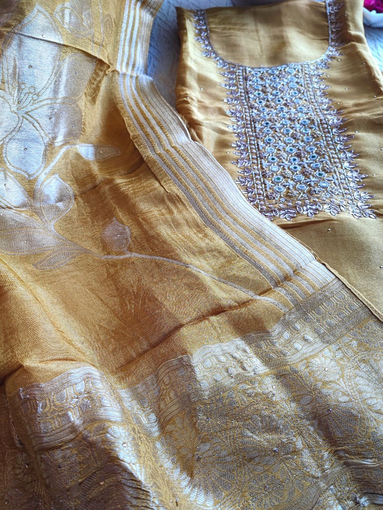 Mustard Georgette Shimmer Suit with Handwork & Dupatta – Perfect Partywear