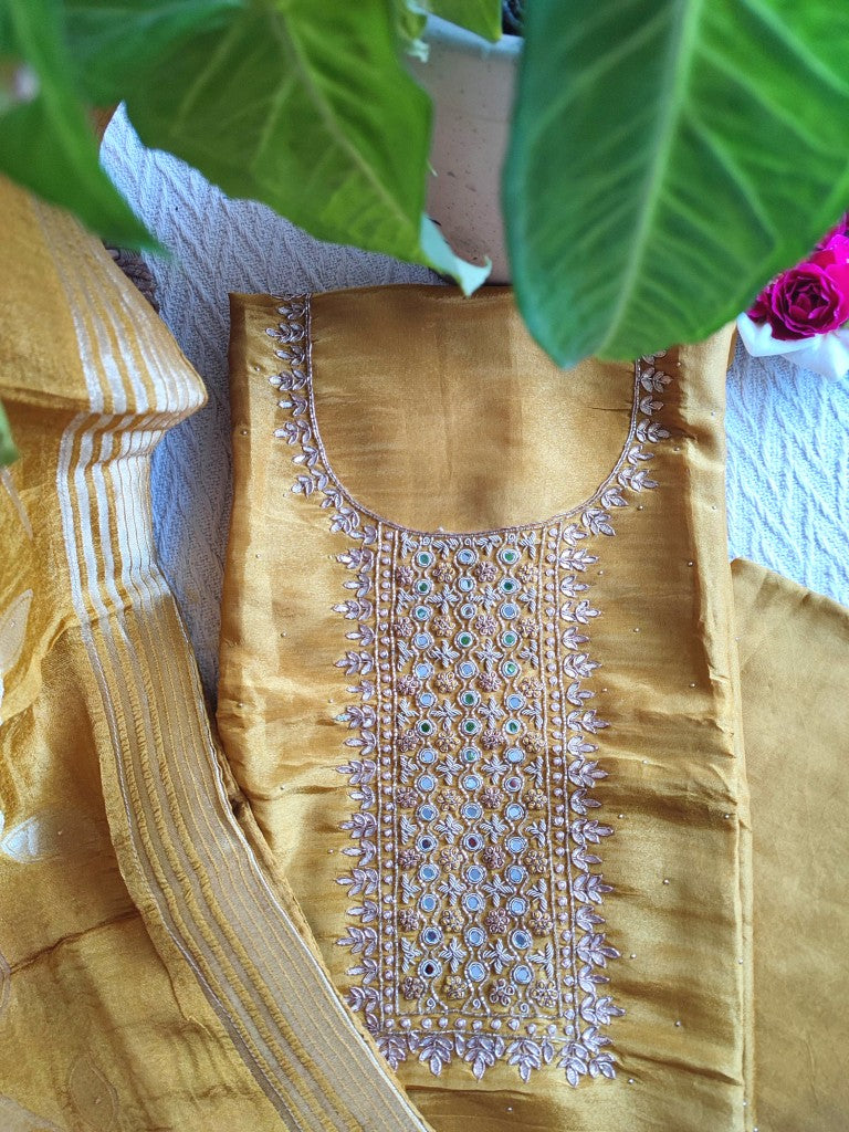 Mustard Georgette Shimmer Suit with Handwork & Dupatta – Perfect Partywear