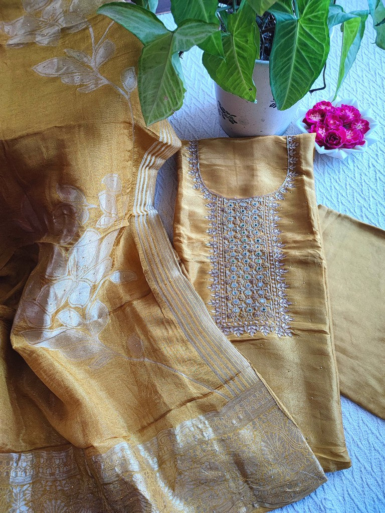 Mustard Georgette Shimmer Suit with Handwork & Dupatta – Perfect Partywear