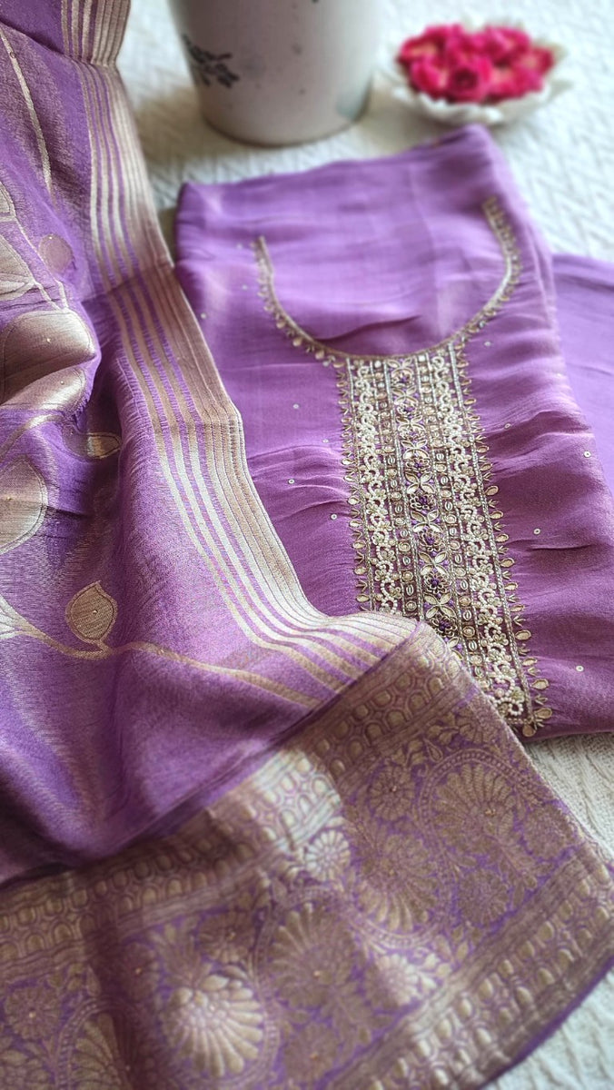 Purple Georgette Shimmer Unstitched Suit Material with Handwork Neckline