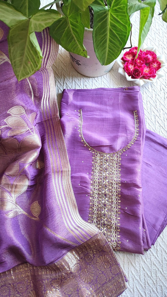 Purple Georgette Shimmer Unstitched Suit Material with Handwork Neckline