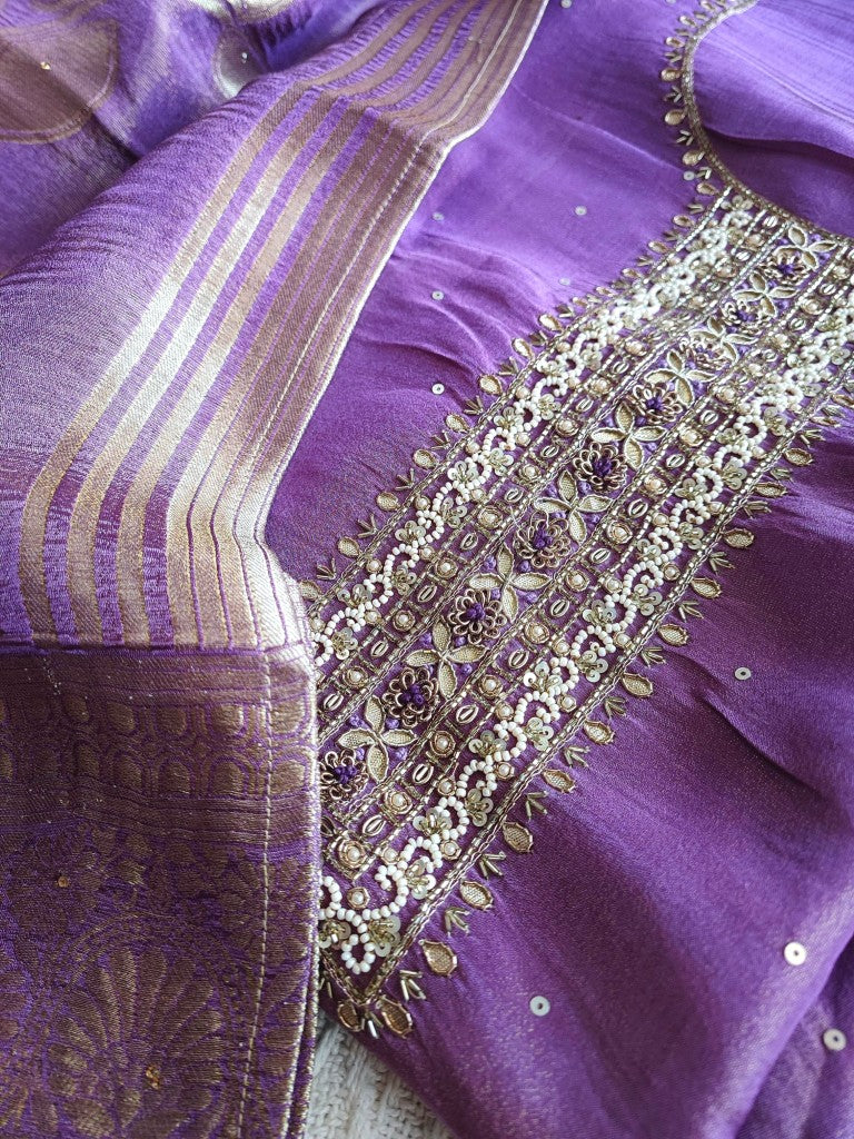Purple Georgette Shimmer Unstitched Suit Material with Handwork Neckline