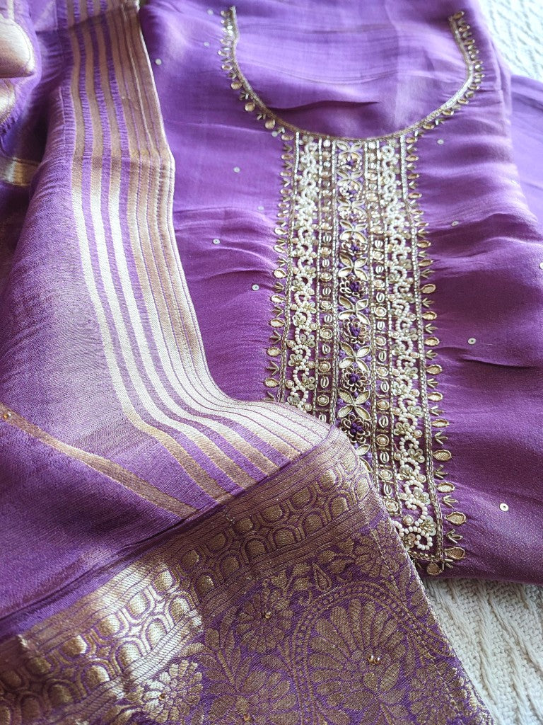 Purple Georgette Shimmer Unstitched Suit Material with Handwork Neckline