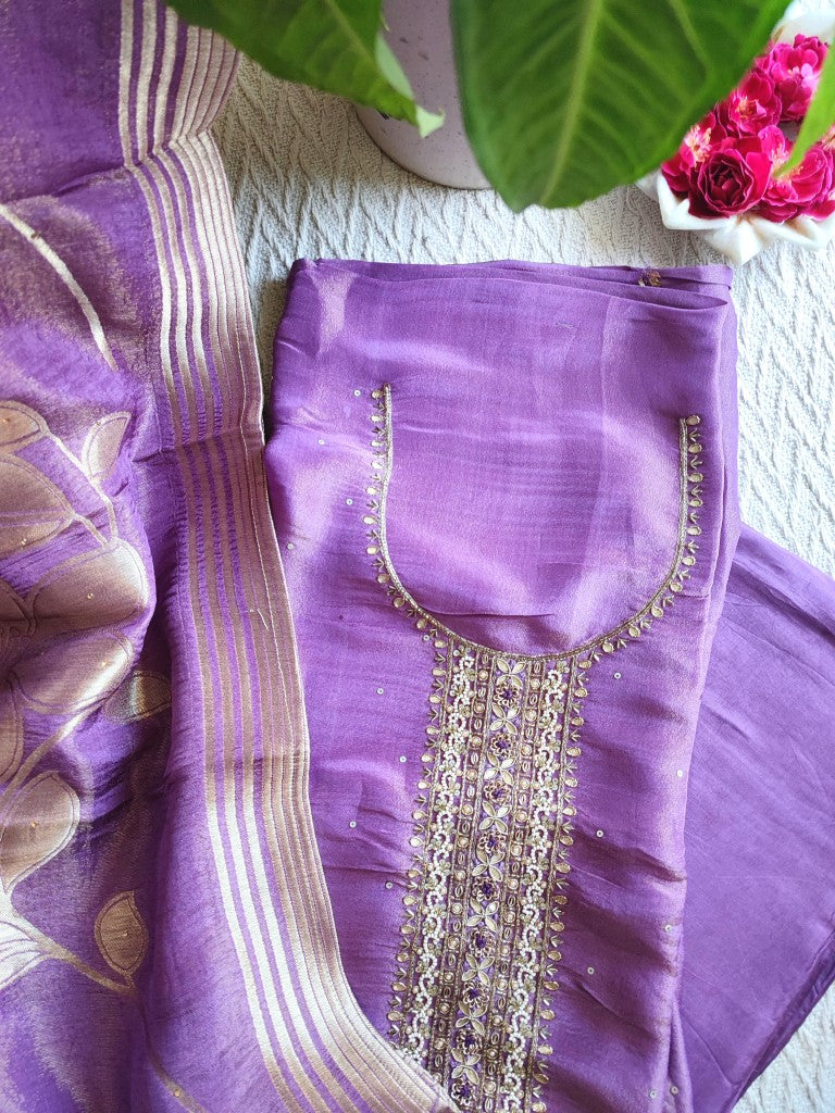 Purple Georgette Shimmer Unstitched Suit Material with Handwork Neckline