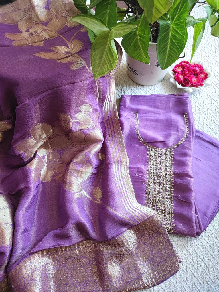 Purple Georgette Shimmer Unstitched Suit Material with Handwork Neckline