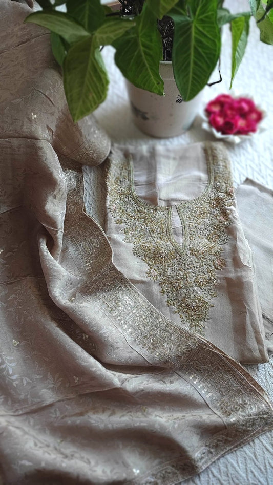 Beige Georgette Unstitched Suit Material  with Gold Work