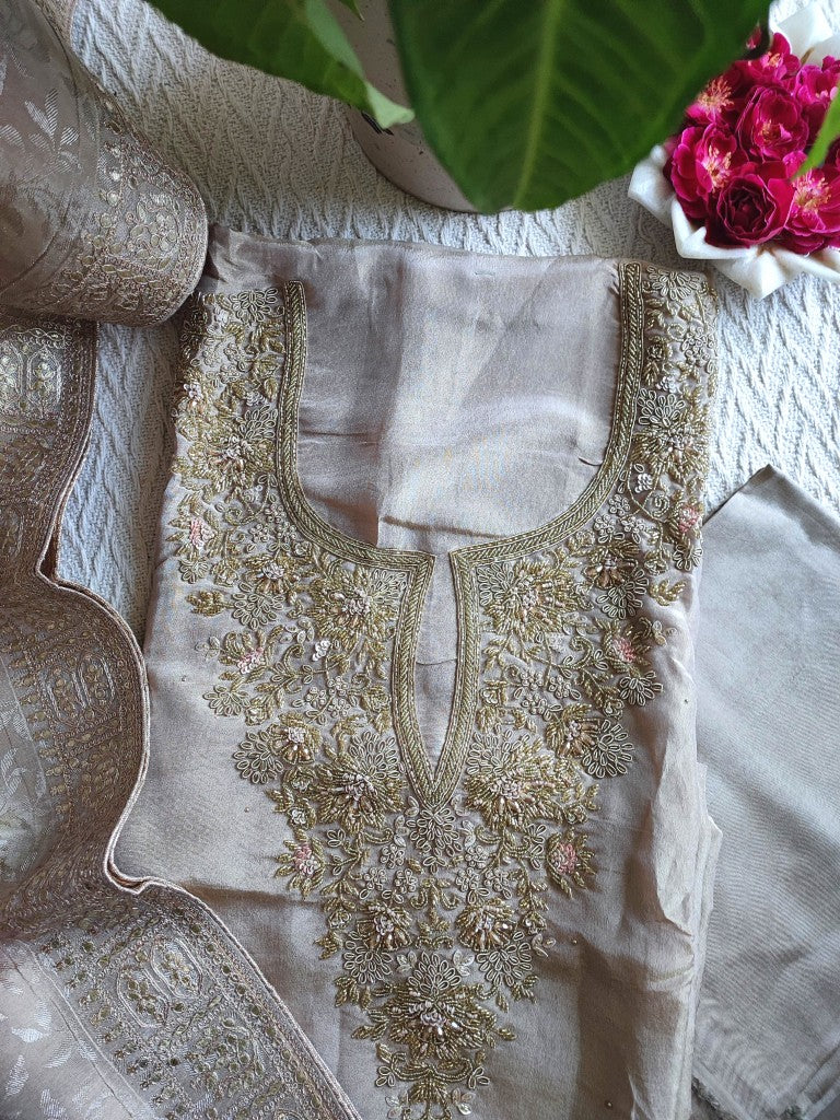Beige Georgette Shimmer Unstitched Suit Material with Heavy Gold Handwork - Designer Suit Set