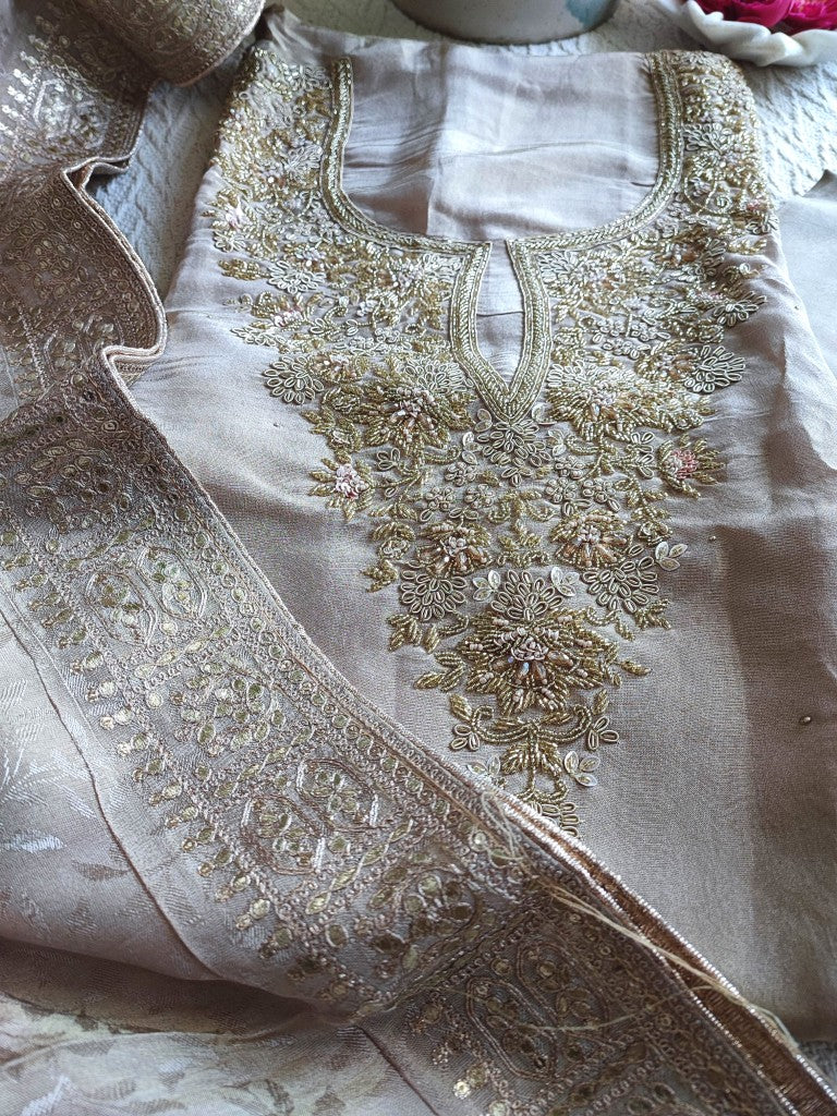 Beige Georgette Shimmer Unstitched Suit Material with Heavy Gold Handwork - Designer Suit Set