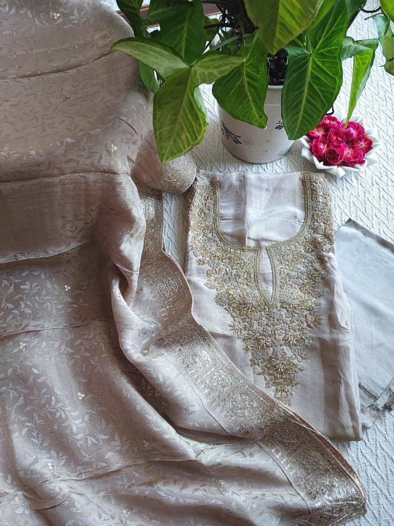 Beige Georgette Shimmer Unstitched Suit Material with Heavy Gold Handwork - Designer Suit Set