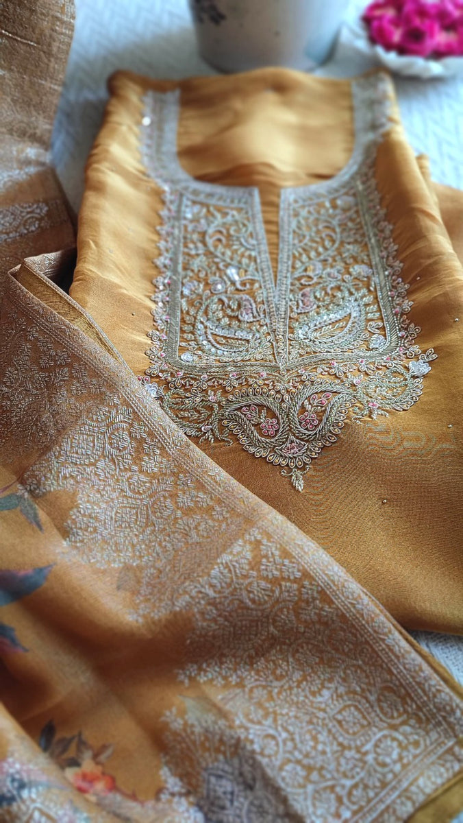 Mustard Yellow Floral Print Georgette Shimmer Suit with Silver Handwork - Unstitched Designer Materia