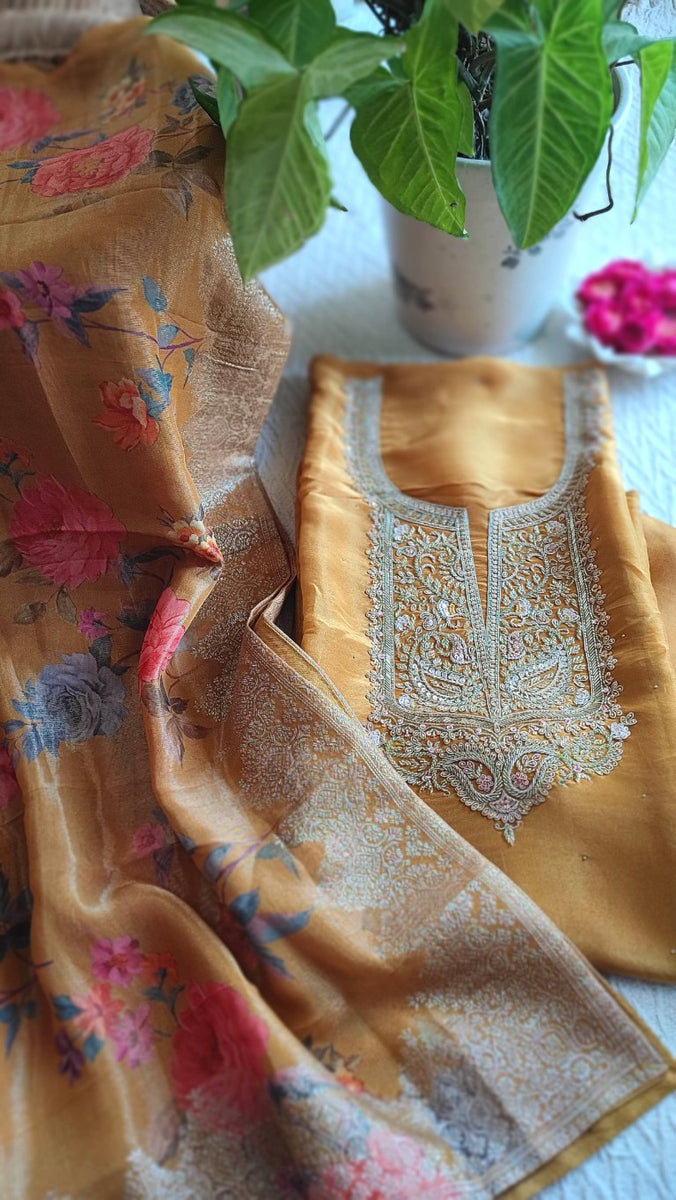Mustard Yellow Floral Print Georgette Shimmer Suit with Silver Handwork - Unstitched Designer Materia