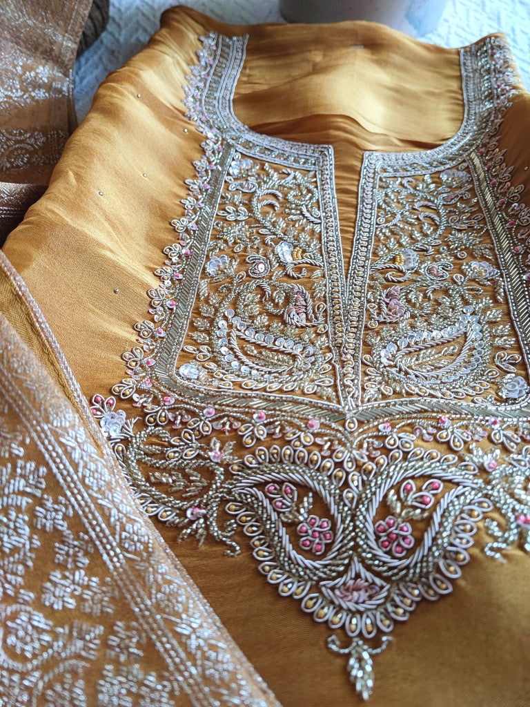 Mustard Yellow Floral Print Georgette Shimmer Suit with Silver Handwork - Unstitched Designer Materia