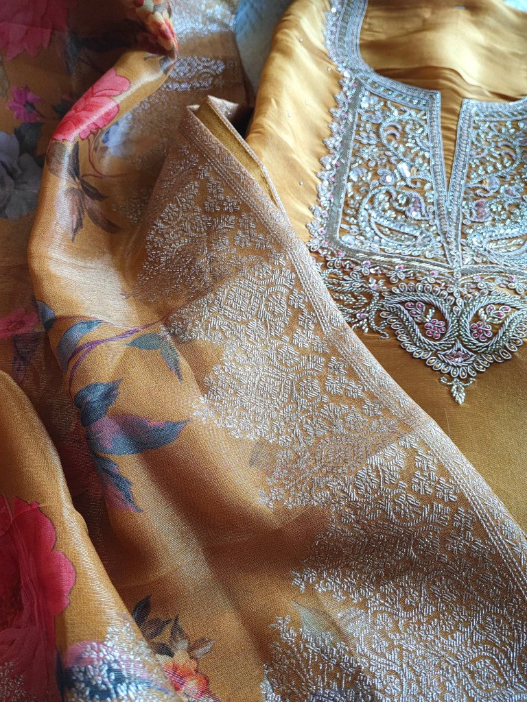 Mustard Yellow Floral Print Georgette Shimmer Suit with Silver Handwork - Unstitched Designer Materia