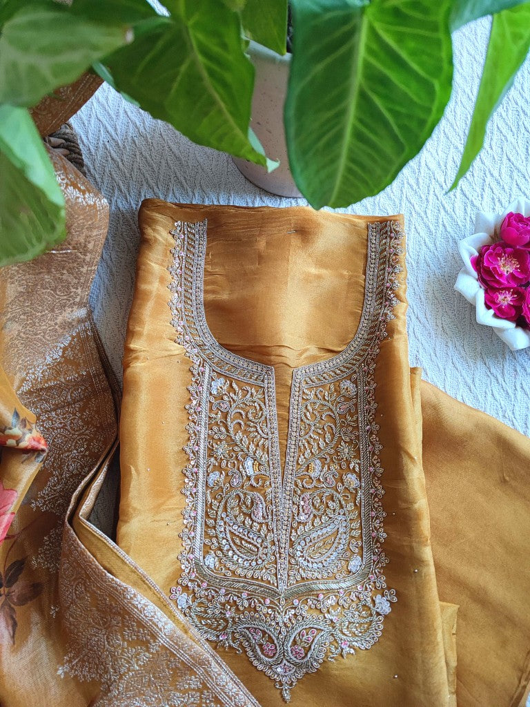 Mustard Yellow Floral Print Georgette Shimmer Suit with Silver Handwork - Unstitched Designer Materia