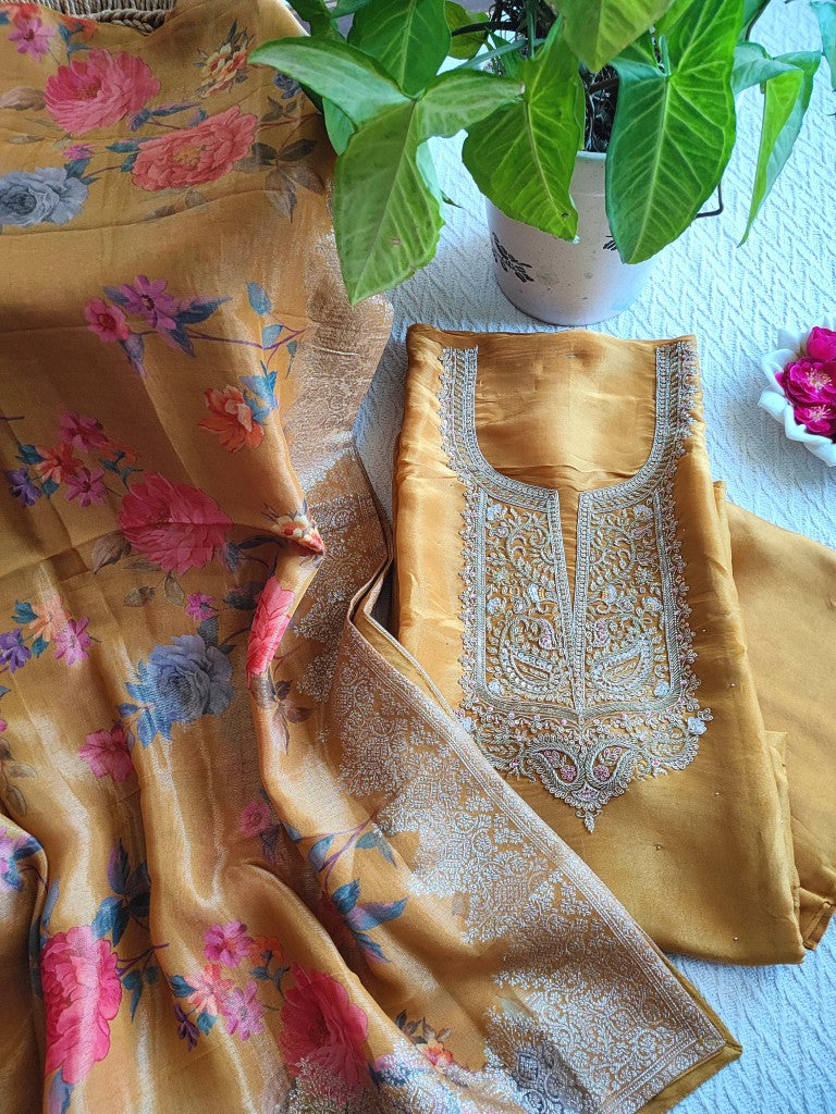 Mustard Yellow Floral Print Georgette Shimmer Suit with Silver Handwork - Unstitched Designer Materia