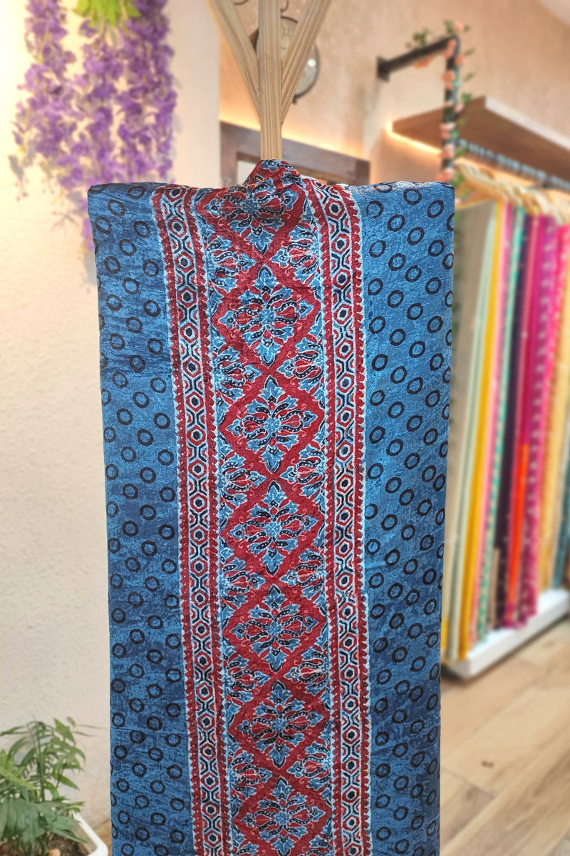 Blue Velvet Unstitched Suit Material with Heavy Front Panel & Bandhani Dot Pattern