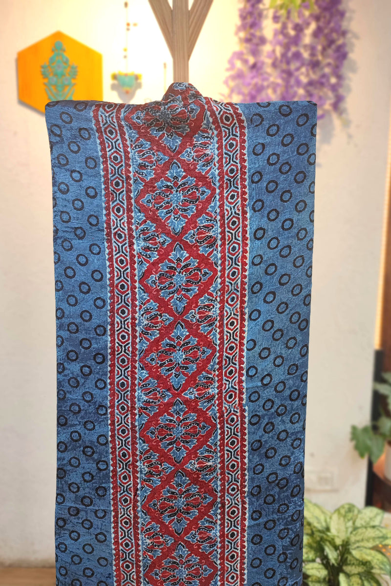 Blue Velvet Unstitched Suit Material with Heavy Front Panel & Bandhani Dot Pattern