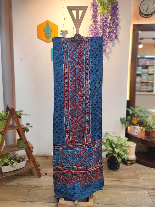 Blue Velvet Unstitched Suit Material with Heavy Front Panel & Bandhani Dot Pattern